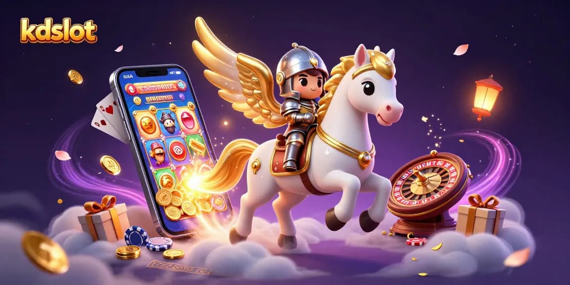 Experience the excitement of kdslot with a celestial knight and golden horse in a vibrant casino scene.