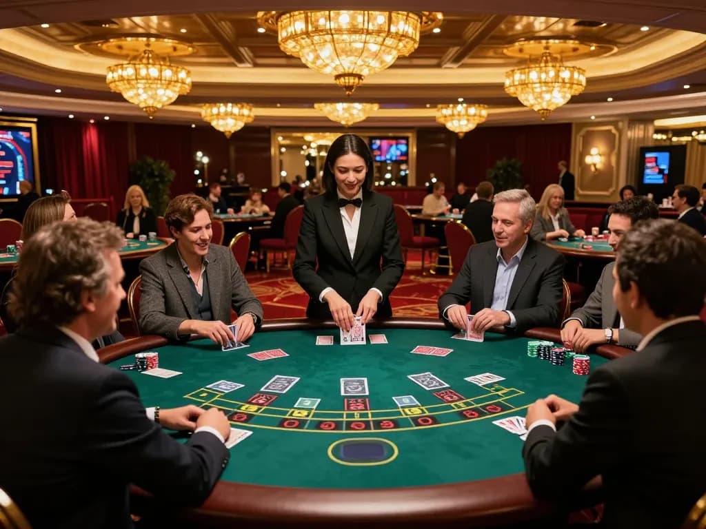 Players engage in a high-stakes blackjack game at 98wincom's elegant casino table.