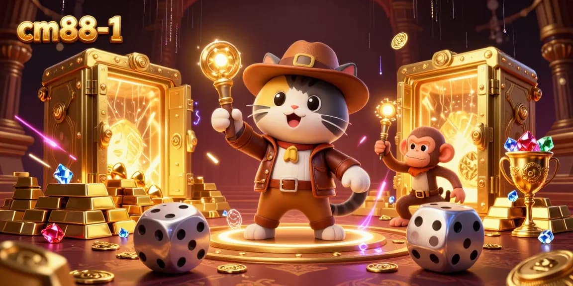 Unveil winning treasures at cm88-1 with an adventurous cat and monkey in a dynamic casino scene.