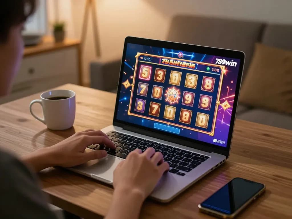 Play online casino game on 789win, showcasing vibrant slot graphics on laptop screen.