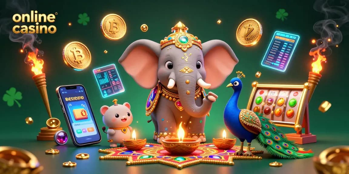Experience the vibrant world of an online casino with a Diwali-themed elephant and crypto decorations.