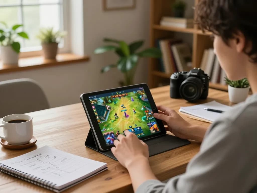 Engaged player strategizing for game nổ hũ in a cozy home setting, showcasing online gaming setup.