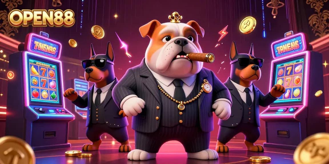 Engage with the thrilling world of OPEN88 featuring a mafia bulldog and Doberman bodyguards amidst vibrant slot machines.