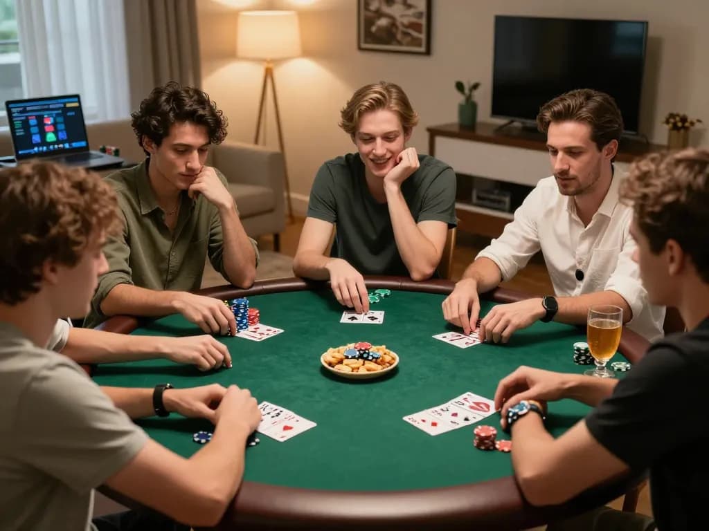 Friends enjoying an exciting poker night at home, showcasing strategic gameplay with 98wincom.