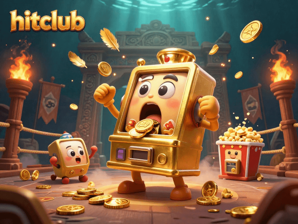Spin to win at hitclub with a golden slot machine in a vibrant, energetic casino scene!