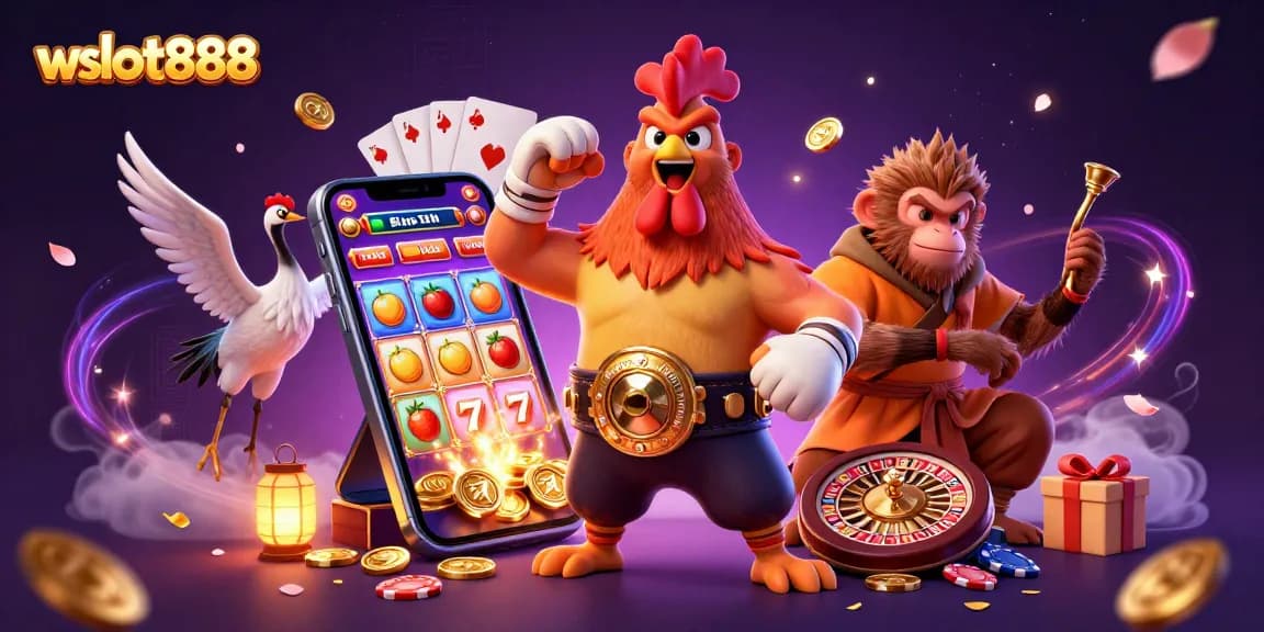 Gambarkan suasana permainan wslot888 dengan ayam Muay Thai, monyet Shaolin, dan crane, dikelilingi elemen slot yang mengagumkan.
