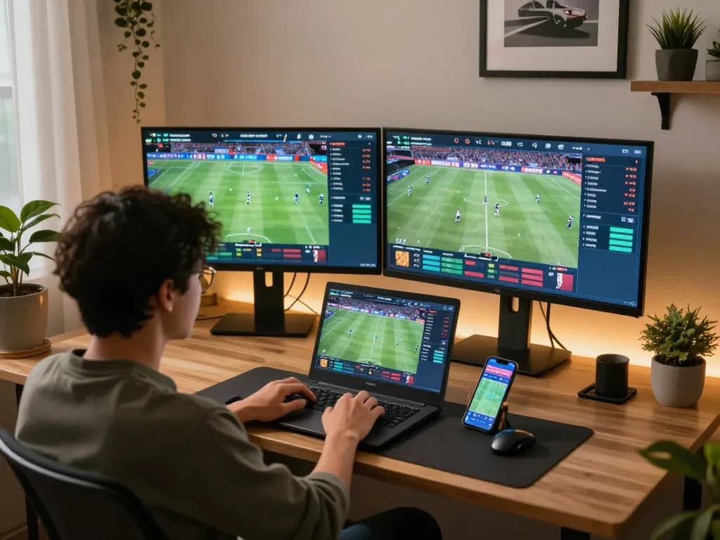 A player engaged in placing sports bets through the hm88 bet platform, highlighting an exciting home gaming atmosphere