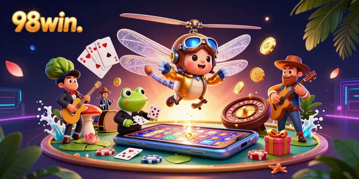 Experience thrilling gaming with 98win's vibrant casino scene featuring slots and card games.