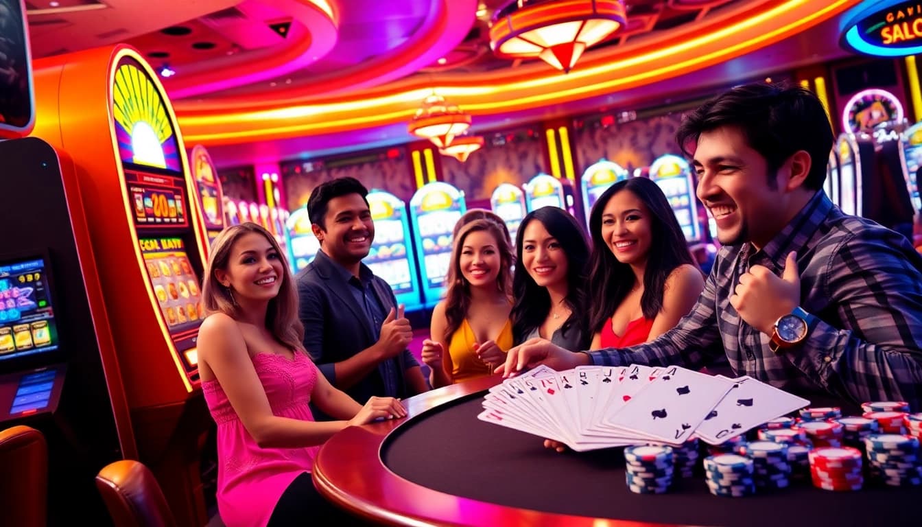 Players enjoying slot gacor machines in a vibrant casino with excitement and luxury.