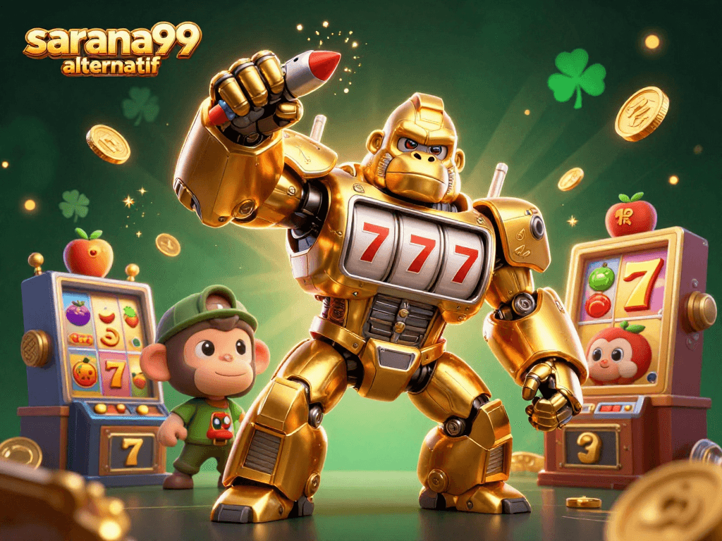Sarana99 alternatif showcases a dynamic 3D casino scene with a golden gorilla mech, enriching the online gaming experience.
