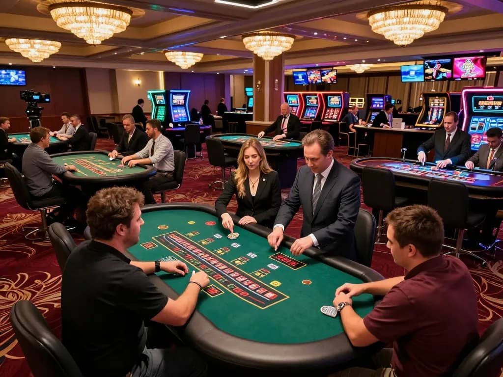 Engaging players at TT88 blackjack and roulette tables in a vibrant casino atmosphere.