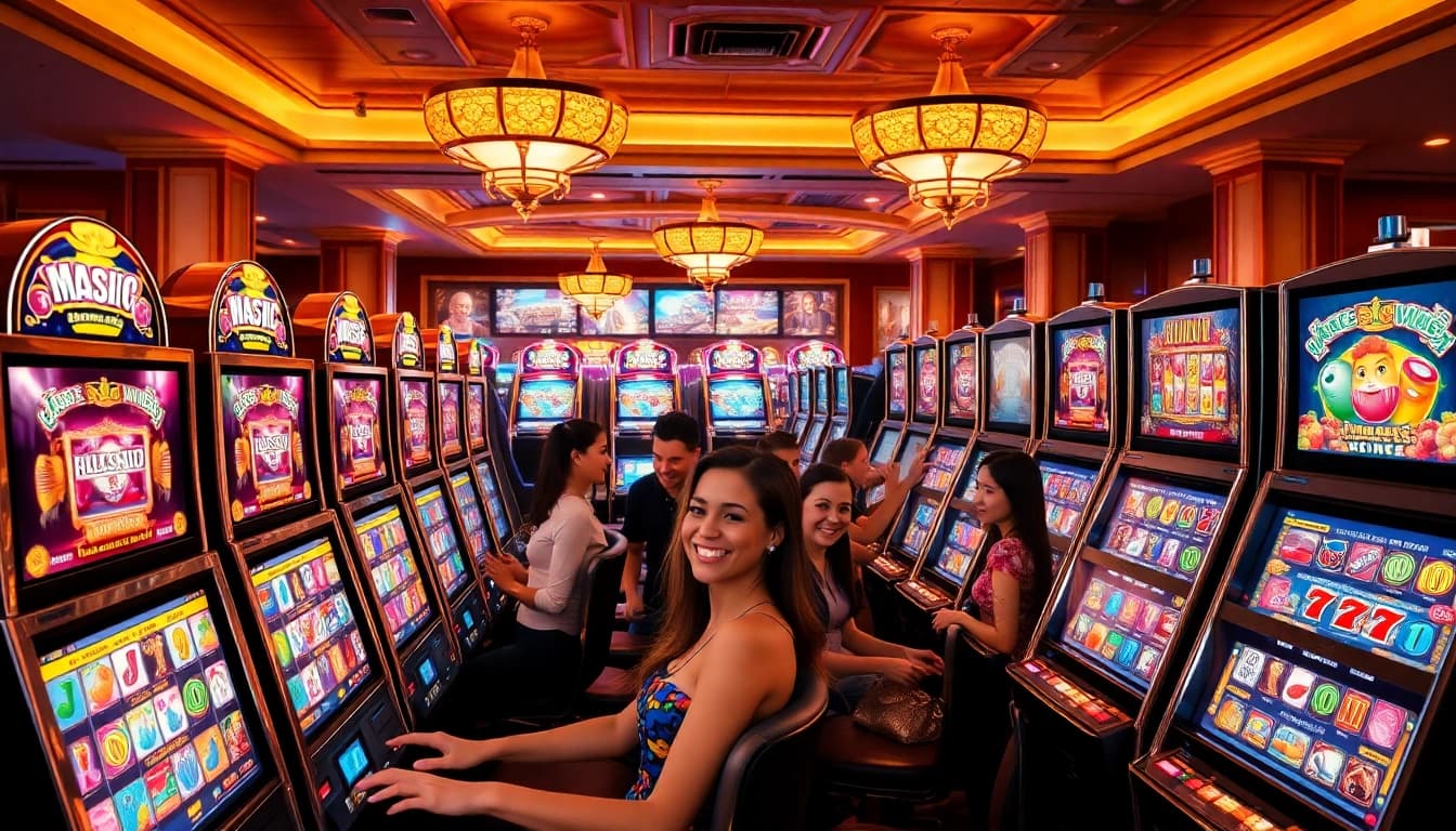 Players enjoying thrilling slot machines in a vibrant casino atmosphere.