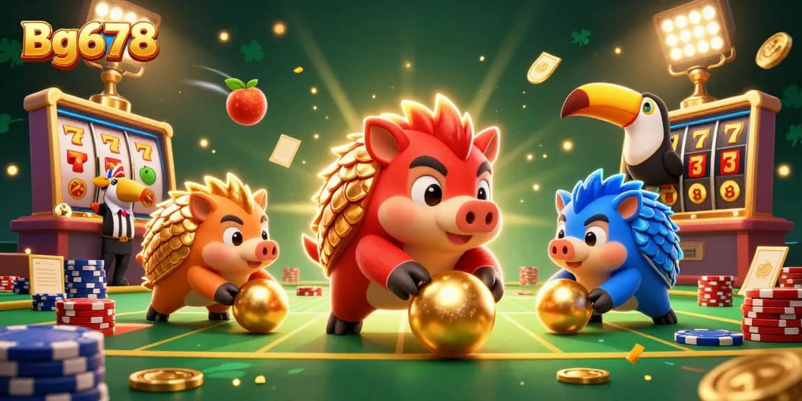Experience thrilling gameplay at Bg678 with rival pangolins rolling golden balls among slot elements and poker chips