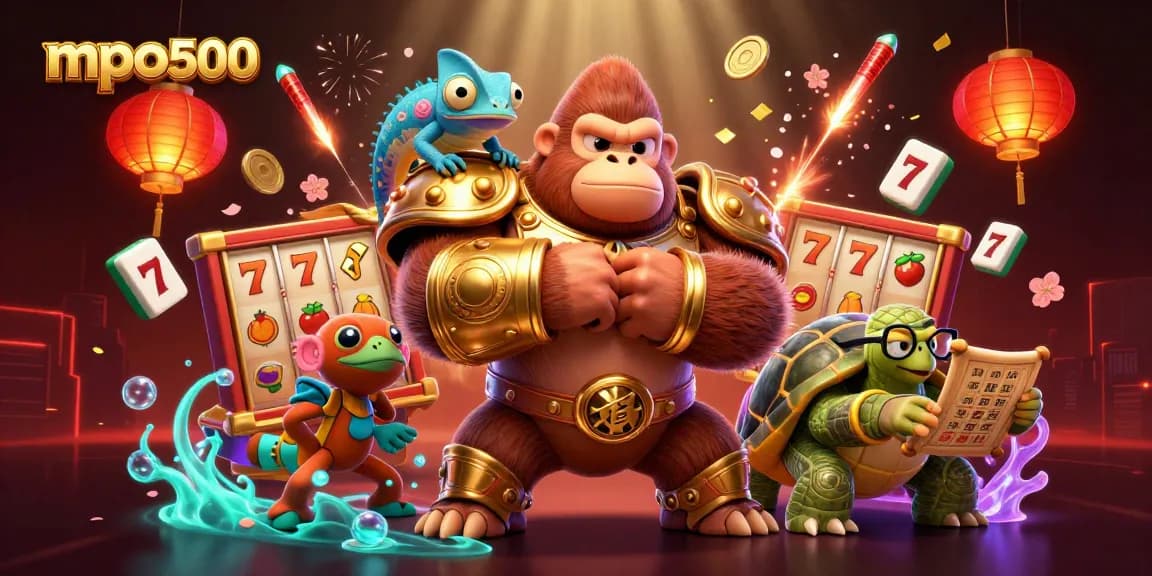 Engage with mpo500, showcasing thrilling slot reels amid vibrant casino elements and characters.