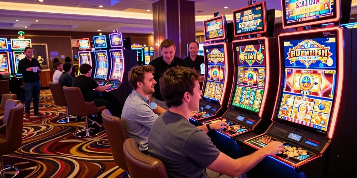 Exciting slot machine gaming experience with players celebrating wins in a vibrant casino.