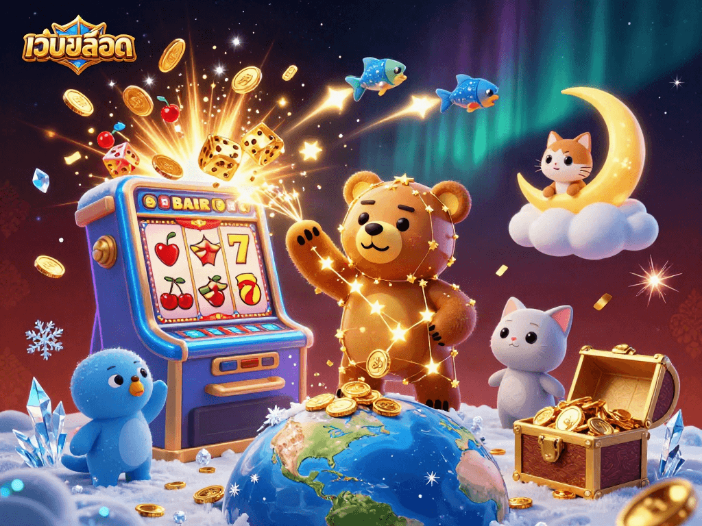 Engage with เว็บสล็อต featuring a vibrant casino scene with a constellation bear, slot machine, and bursting jackpot effects.