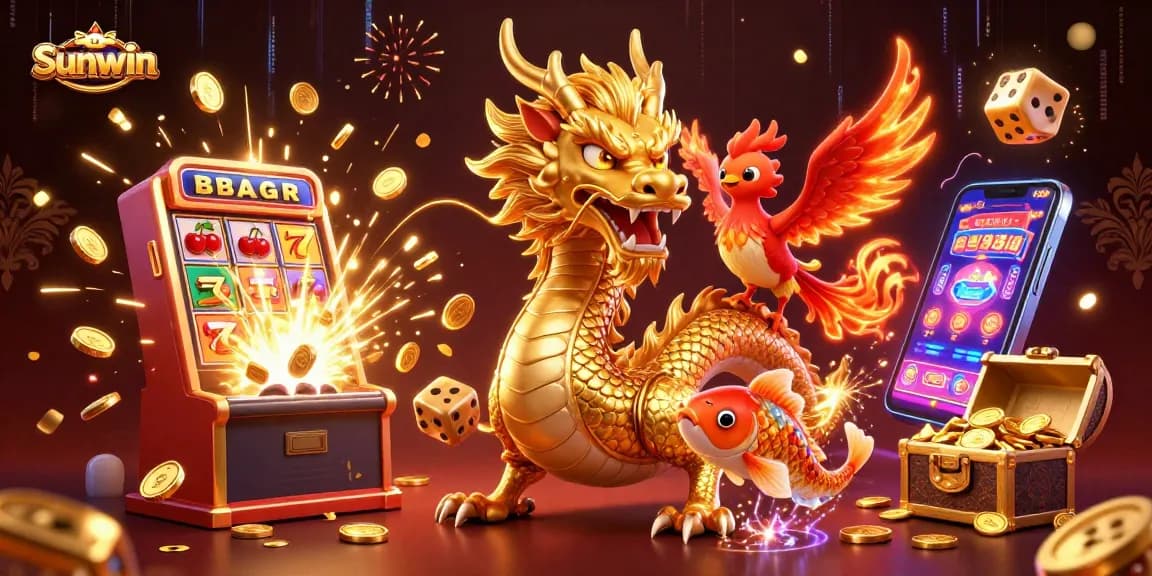 Experience epic wins with Sunwin in this exciting 3D casino illustration filled with vibrant characters and game elements.