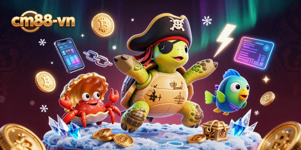 Experience dynamic gaming at cm88-vn with vibrant pirate-themed characters and floating cryptocurrency elements.