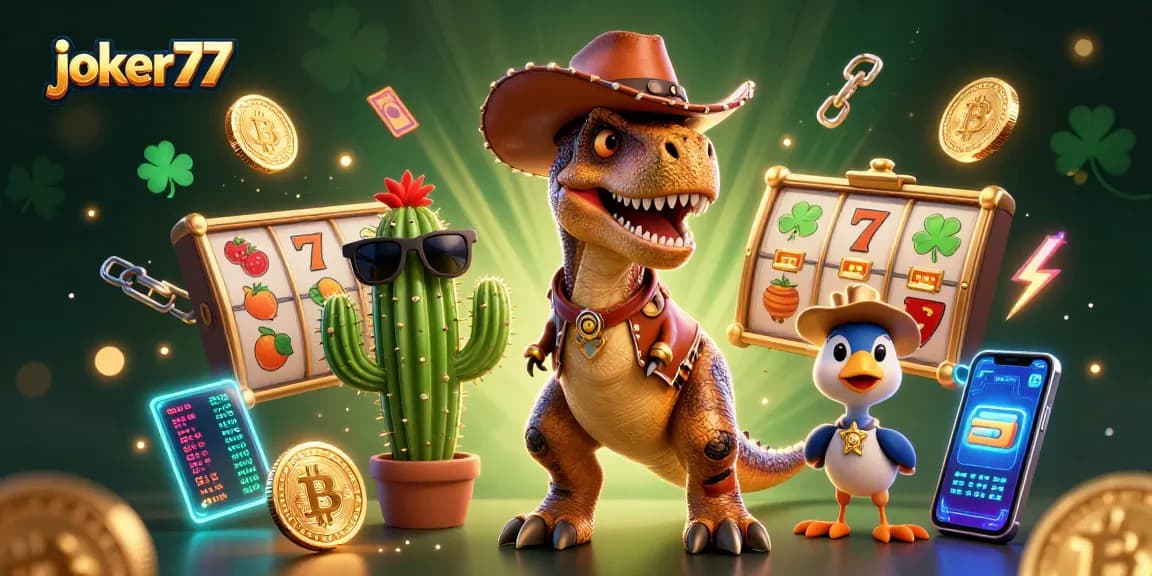 Spin with joker77 at an exciting casino, featuring a T-Rex dinosaur and vibrant slot elements.