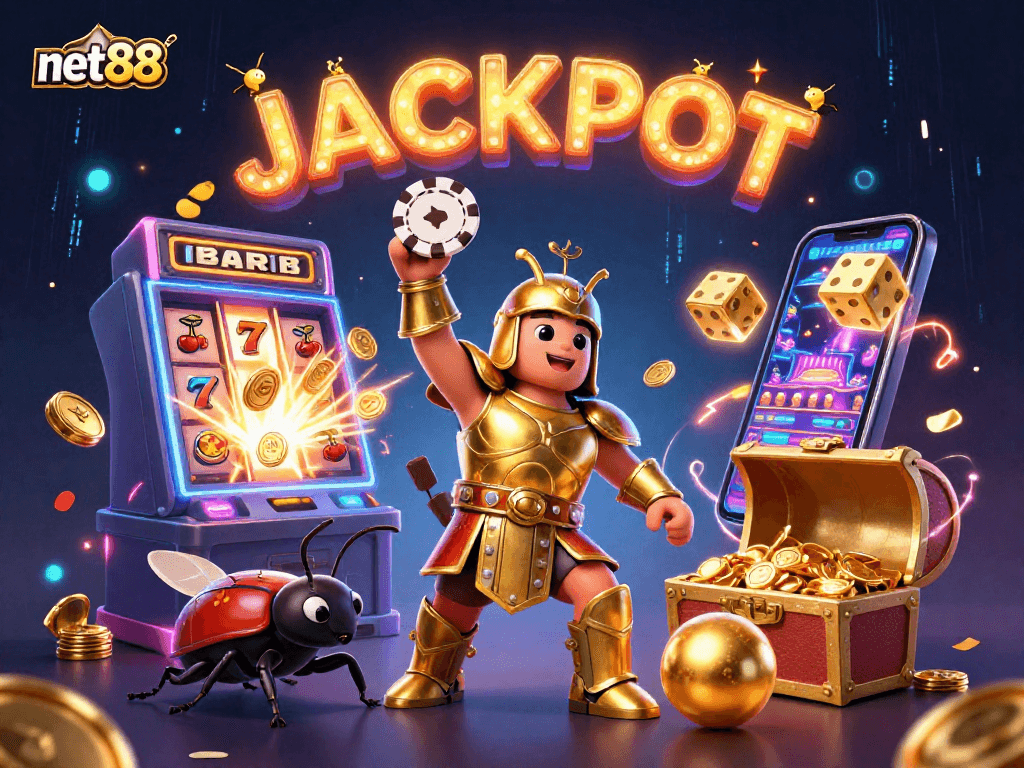 Win big with net88 in an exciting scene of 3D cartoon beetles celebrating jackpot gaming action.