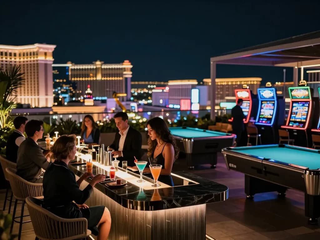 Casinosscope: Vibrant rooftop casino atmosphere at night with guests enjoying cocktails and city lights.