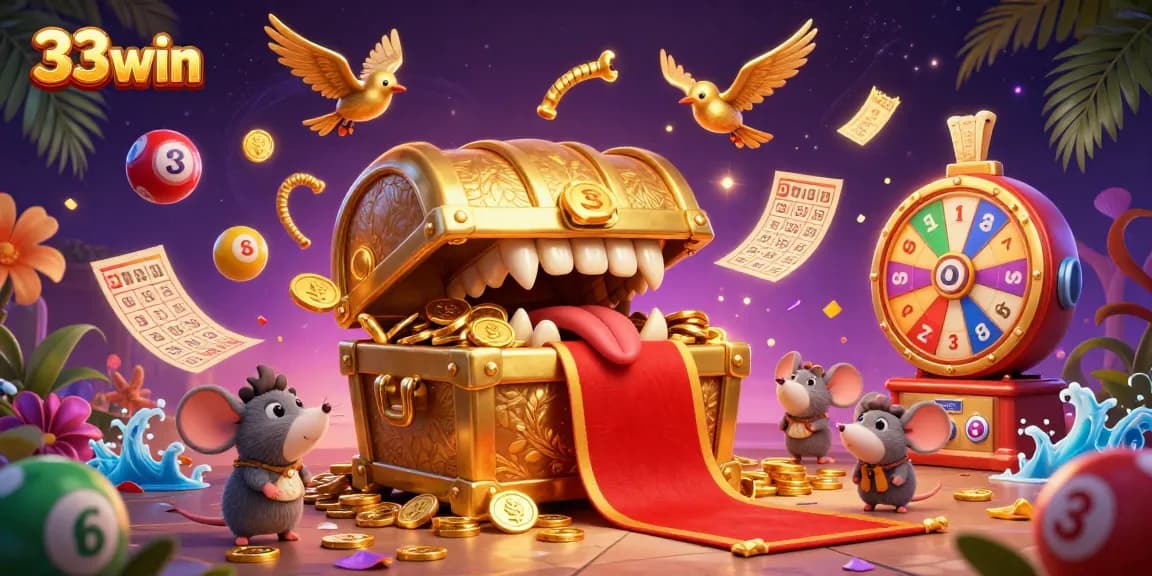 33win brings exciting lottery balls and golden treasures to adventure seekers in a vibrant casino setting.
