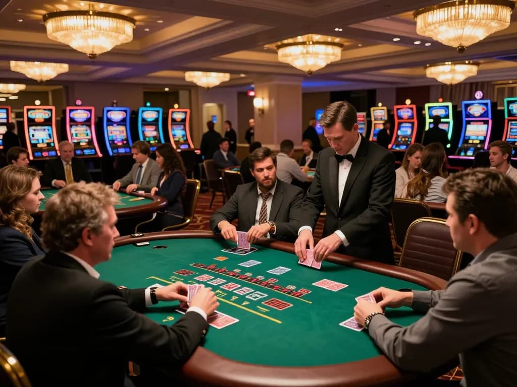 Engaged players at J188's casino tables strategizing for their next game.