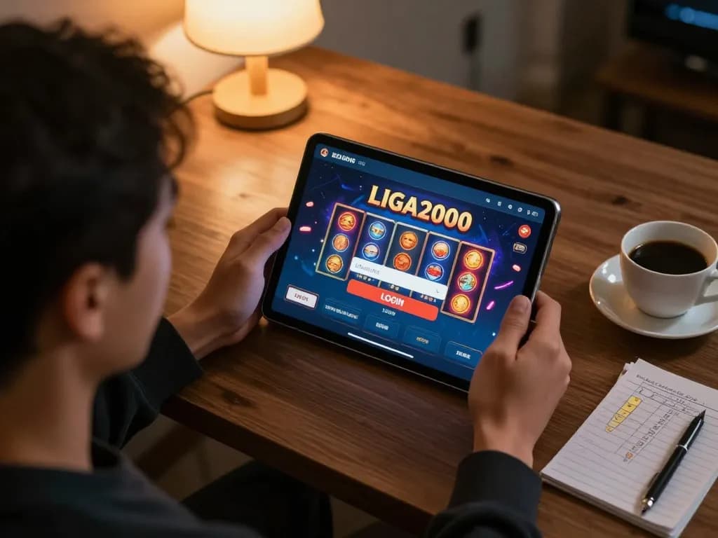 LIGA2000 LOGIN screen displayed on a tablet during an engaging online gaming session, emphasizing strategic gameplay in a cozy atmosphere.