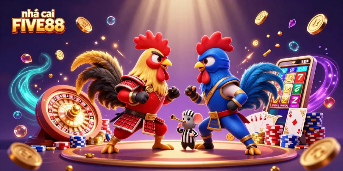 Experience thrilling action at nhà cái FIVE88 with vibrant roosters, casino gems, and dynamic gaming elements.