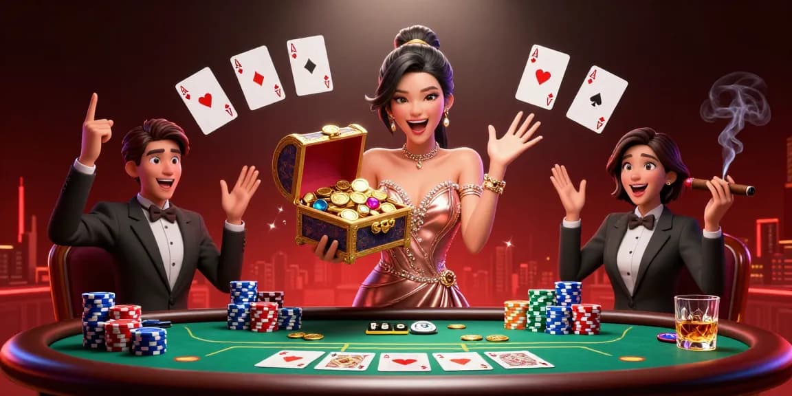 Win at the llwin website with a stunning 3D illustration of a joyful Asian woman revealing treasure while surrounded by poker elements.
