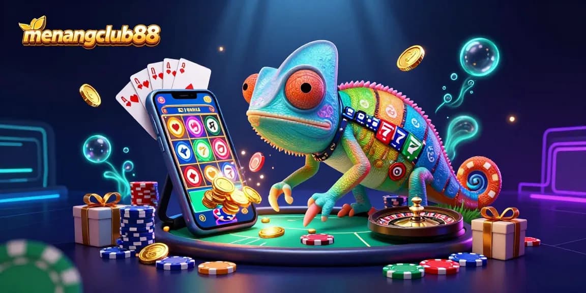 Experience excitement with menangclub88 illustrated in a vibrant 3D scene full of casino action.