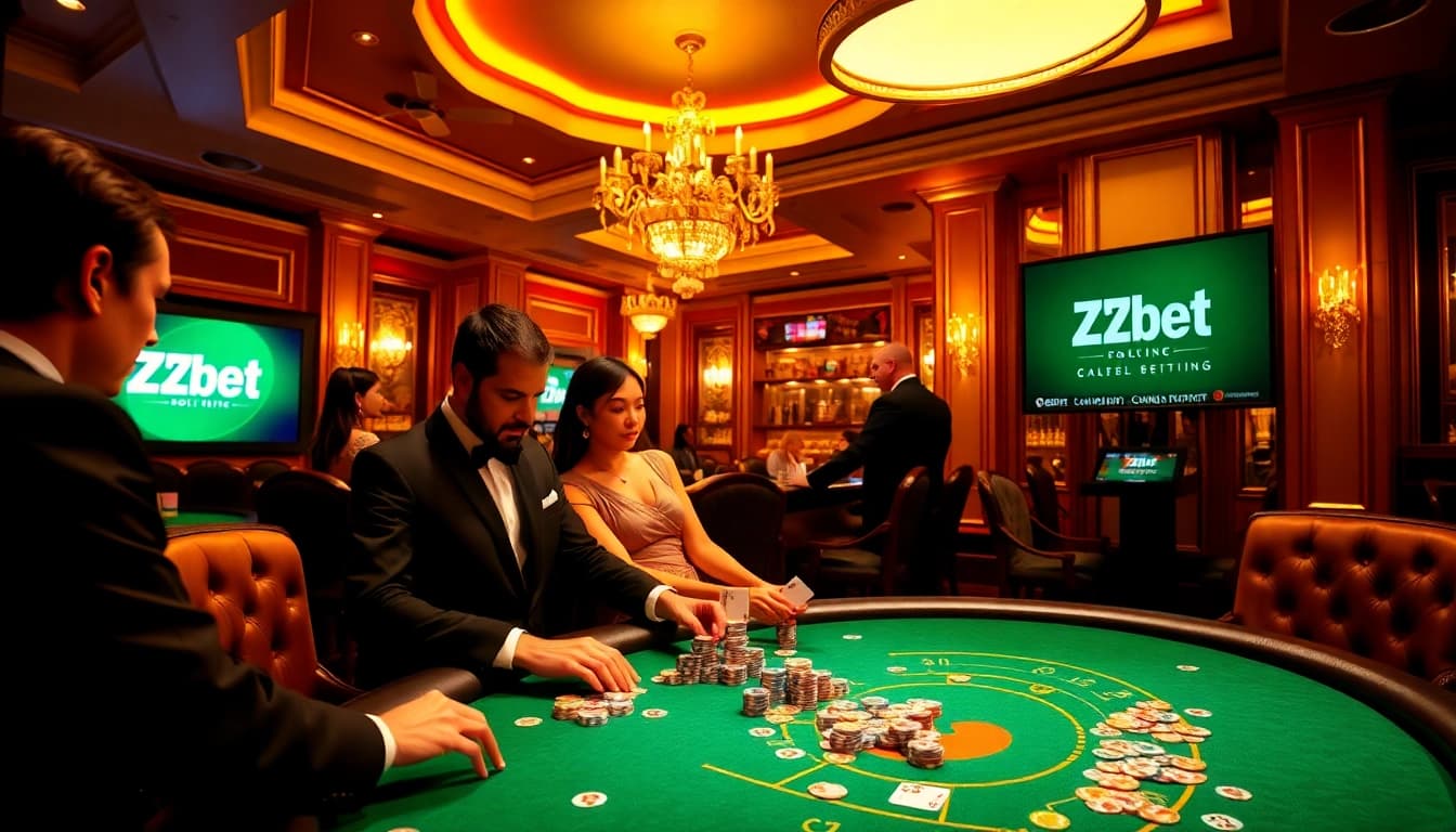 Experience intense poker action at Zbet's luxurious casino table with vibrant chips and players.