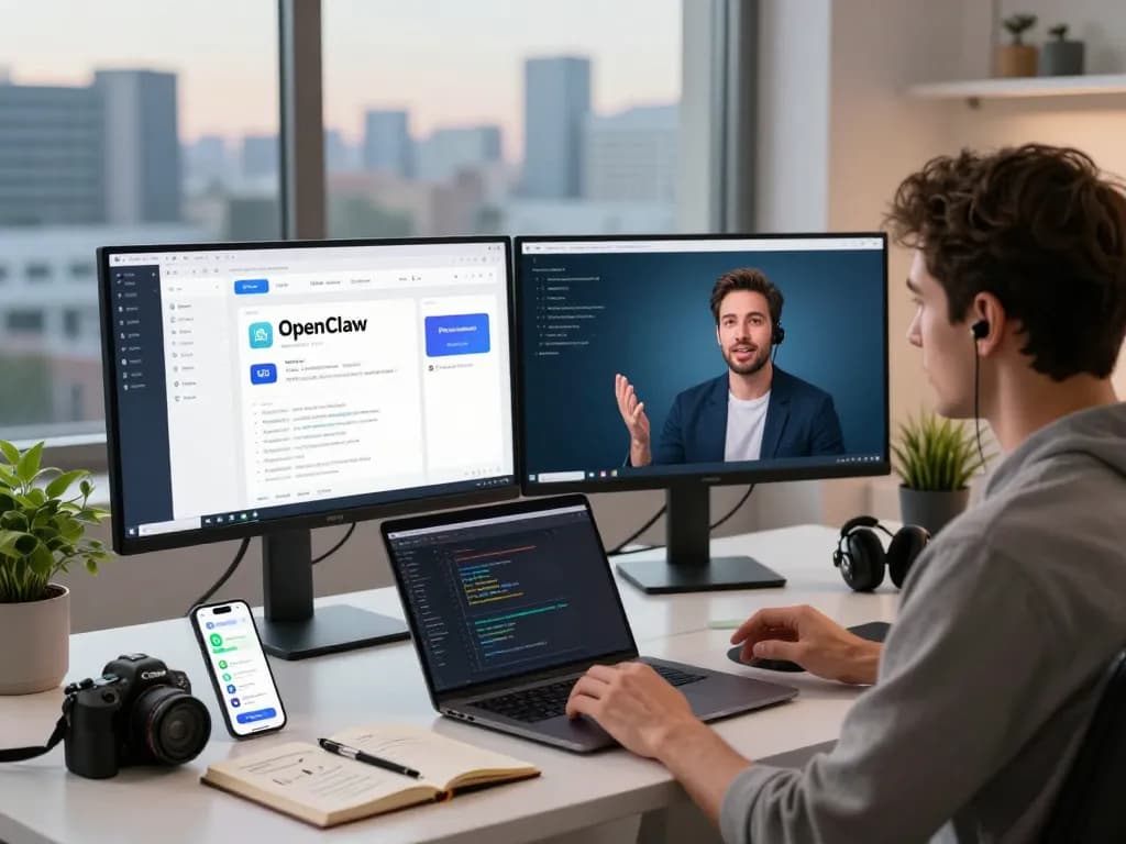 Streamlined workspace showcasing OpenClaw personal AI assistant features with dual monitors and devices.