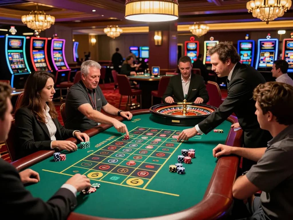 Players engaging in an exciting roulette game at a casino, showcasing HM88's vibrant atmosphere and strategic betting actions.