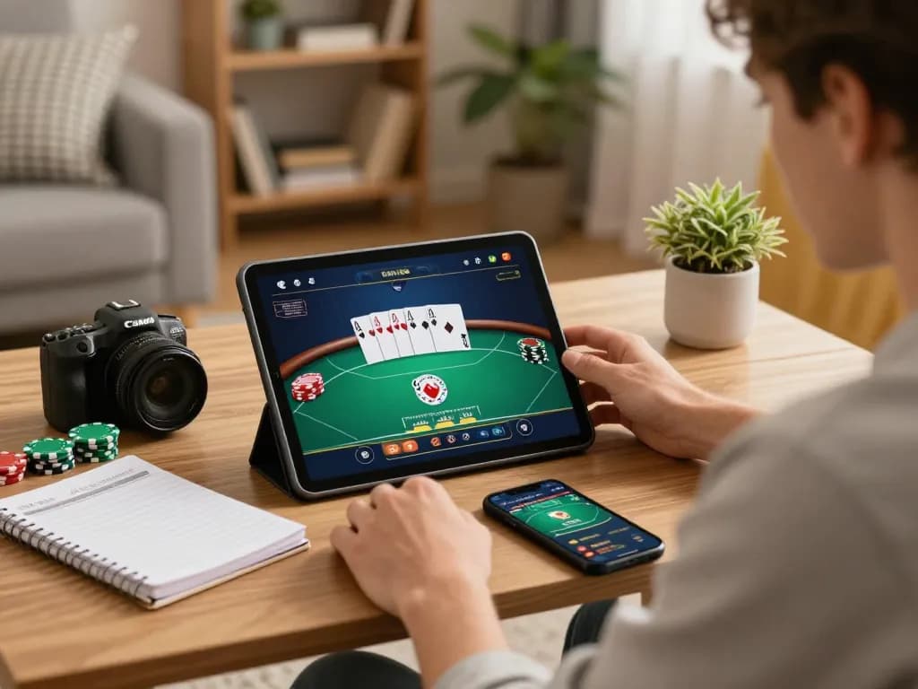 Player engaged in online poker using tablet for W69 gaming strategy in cozy home environment