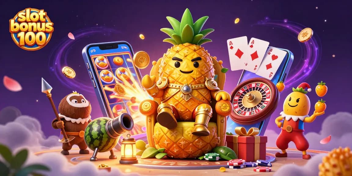 Experience the excitement of slot bonus 100 with a golden pineapple king and lively casino scene.