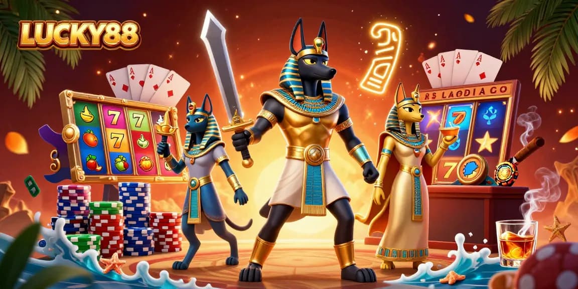 Engage with the thrilling LUCKY88 slot experience amidst vibrant casino action and Egyptian mythology.