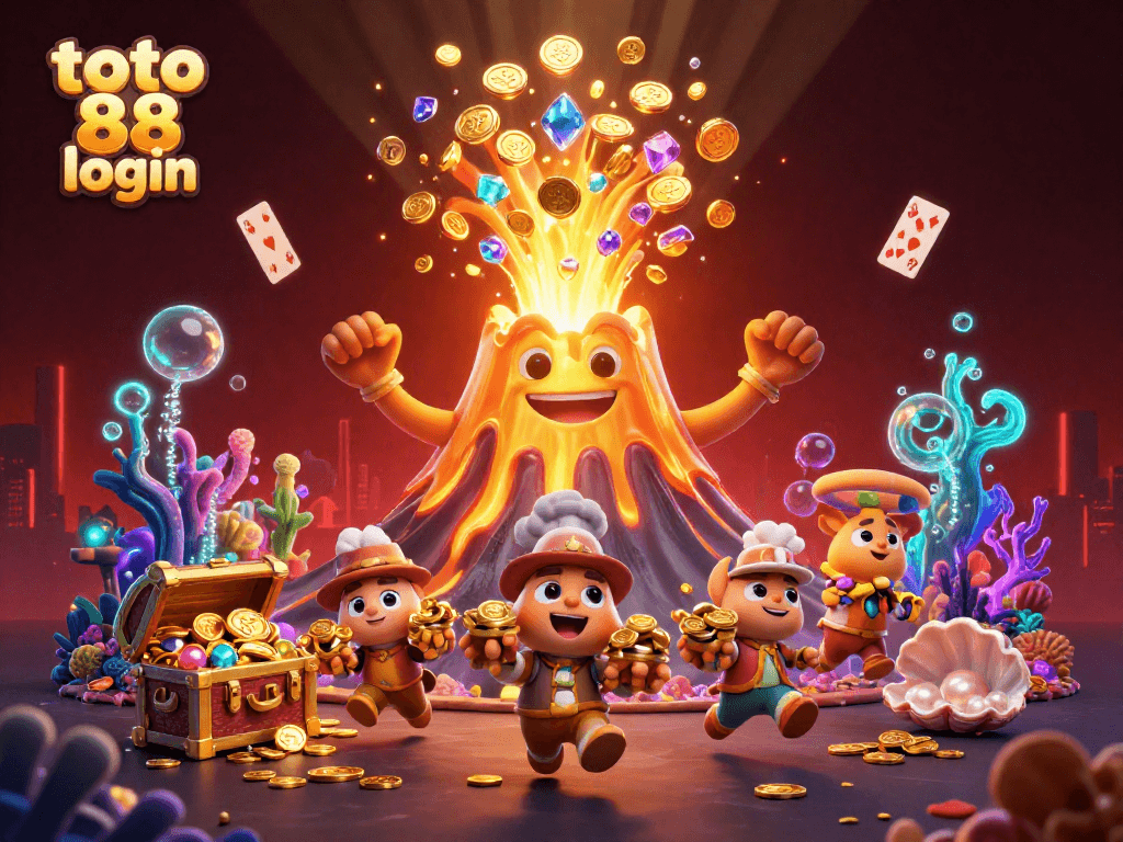 Experience excitement with toto 88 login in this vibrant 3D casino adventure, featuring a golden volcano and treasures.
