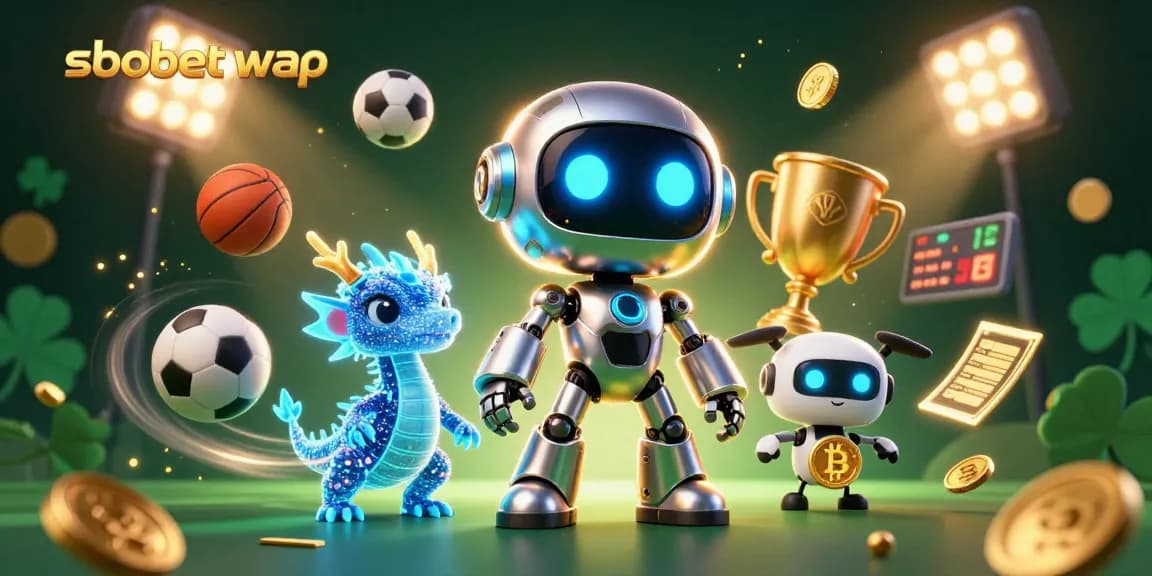 Bet on sbobet wap with a dynamic 3D illustration featuring sports elements and a vibrant cyberpunk theme.
