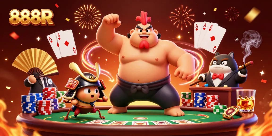 Engage with thrilling action as 888R characters take center stage in a vibrant casino scene.