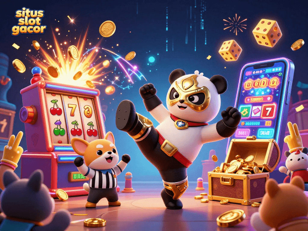 Situs slot gacor showcases an animated scene with a wrestler panda and slot machine explosion.