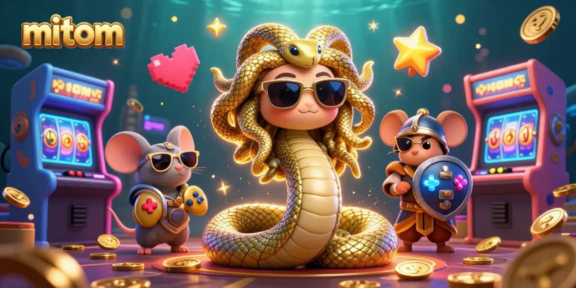 Engaging illustration of mitom featuring lively characters amidst bright casino-style games and elements.