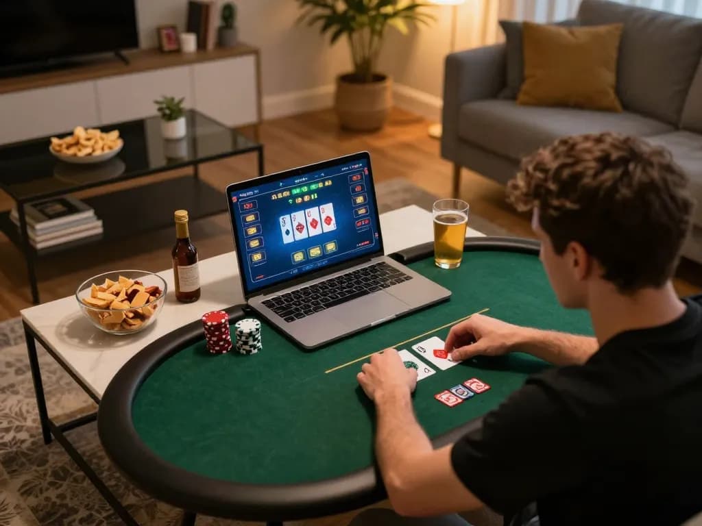 Player at home enjoying TR88 trang chủ online poker game with laptop and snacks.