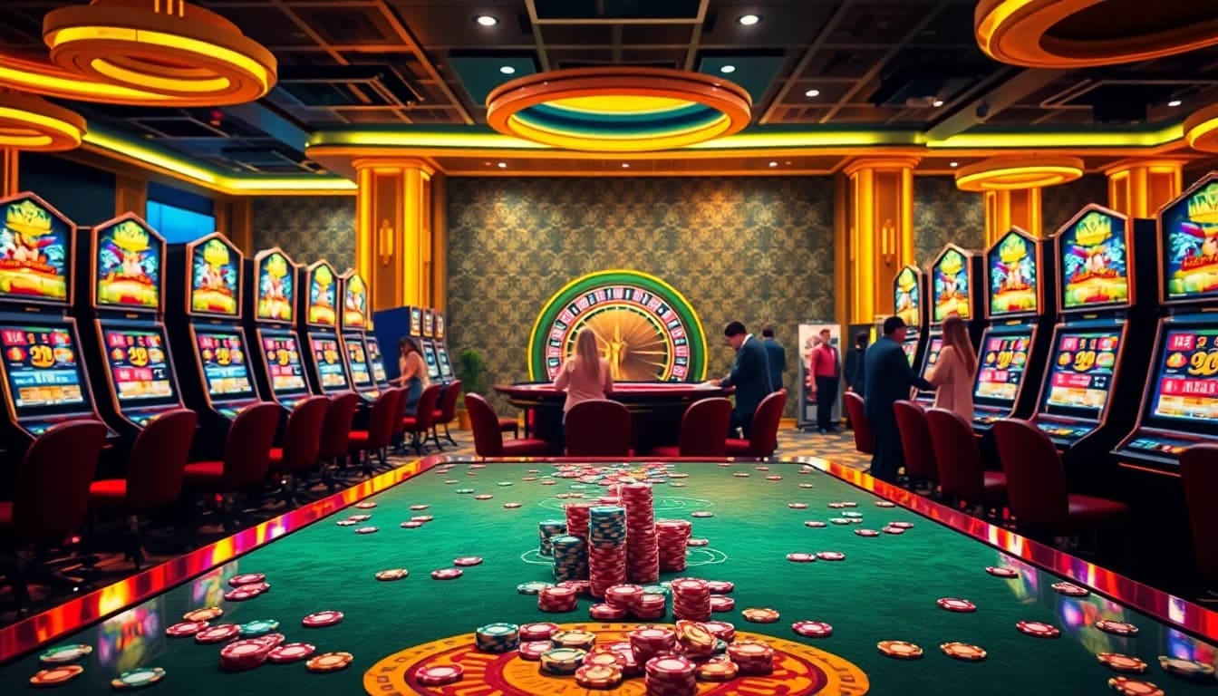Winning gamers immersed in the excitement at Bro138 login slot machines, showcasing vibrant colors and luxury.