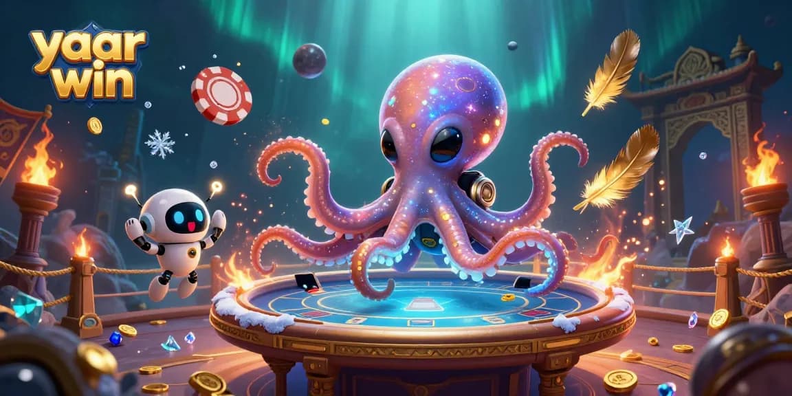 Experience thrilling poker gameplay with yaar win's 3D alien octopus in a vibrant casino atmosphere.