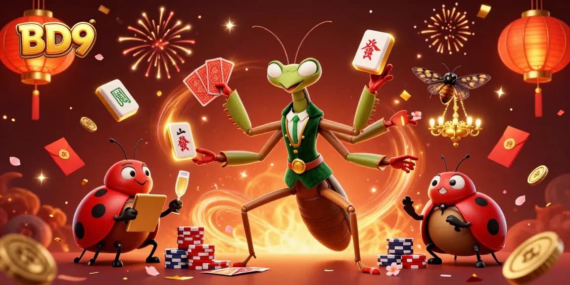 Experience the thrill at BD9 with a giant mantis dealer and colorful gaming elements.
