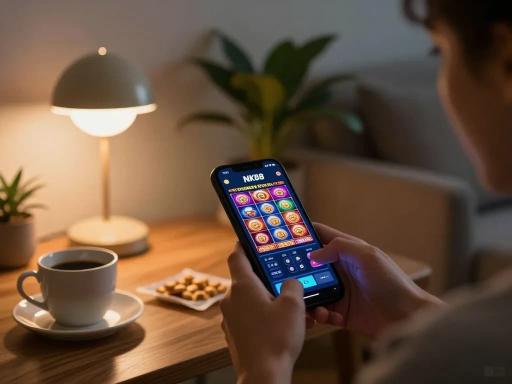 Player enjoying the NK88 casino app on a smartphone in a cozy home setting