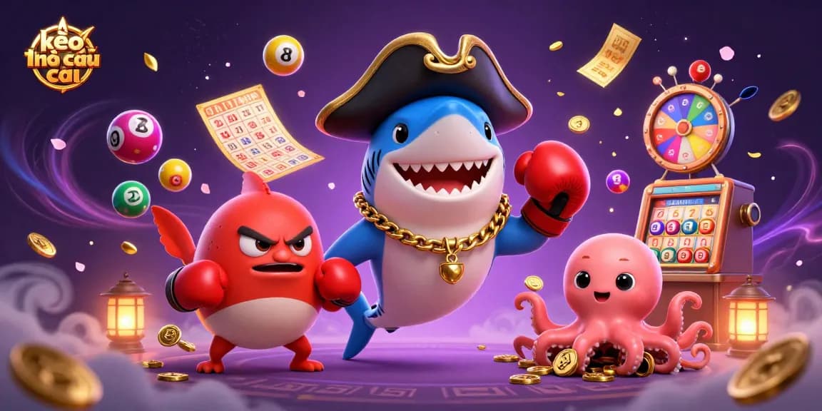Engaging scene of kèo nhà cái with cartoon shark, pufferfish, and octopus amid dynamic lottery elements.