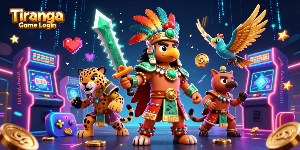 Tiranga Game Login showcases an Aztec warrior duo amidst vibrant arcade gaming elements and casino themes.