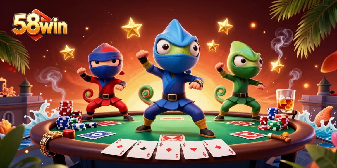 Engage in thrilling gaming with 58win's vibrant chameleon ninja team showcasing their skills.